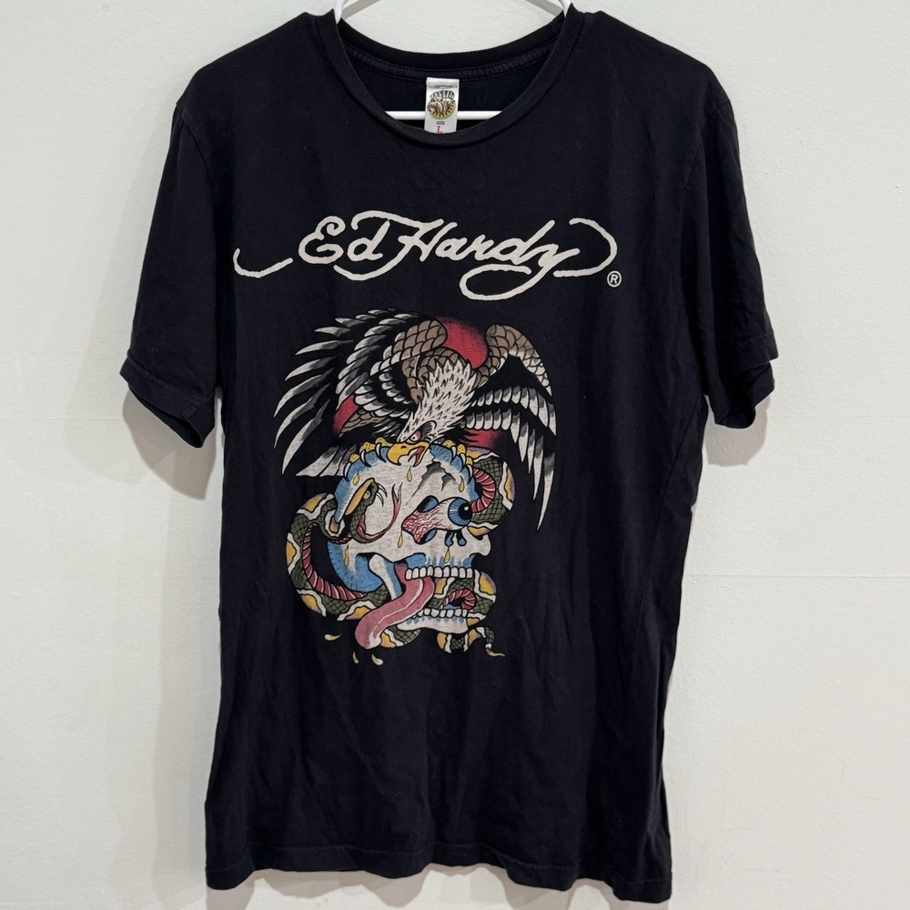 Ed Hardy Skull Eagle‎ Graphic Tee - Vintage Black T-Shirt, Size L